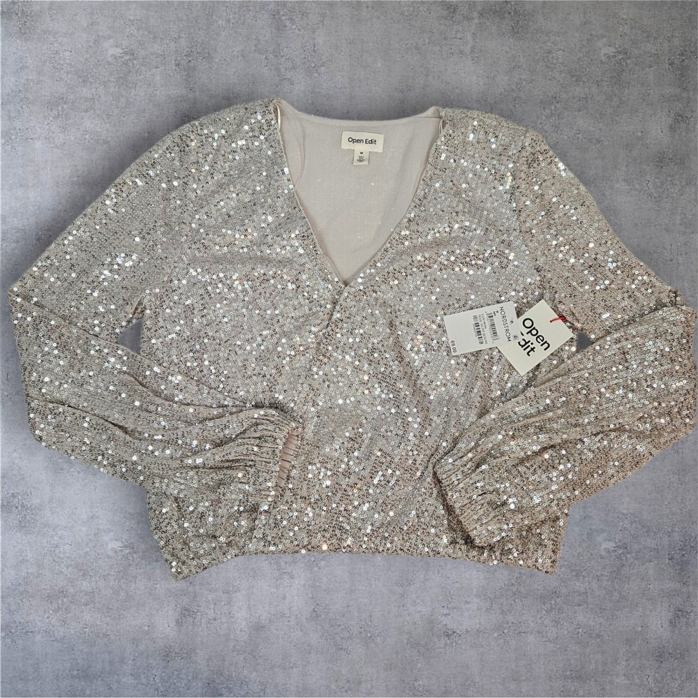 Open Edit Women's Sequin Long Sleeve Wrap Top Party Blouse Size Medium NEW I40